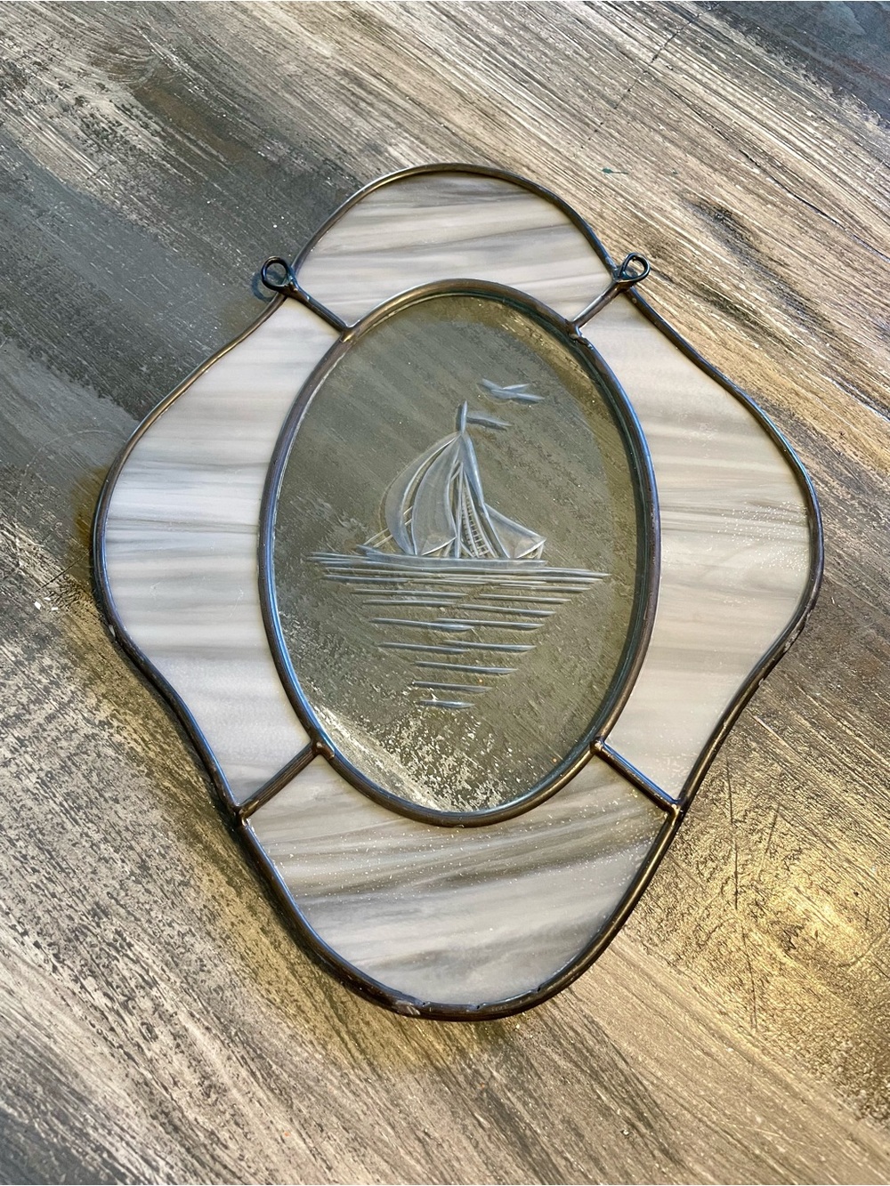 Vintage Etched Sailboat Stained Glass Suncatcher – Coastal Nautical Décor